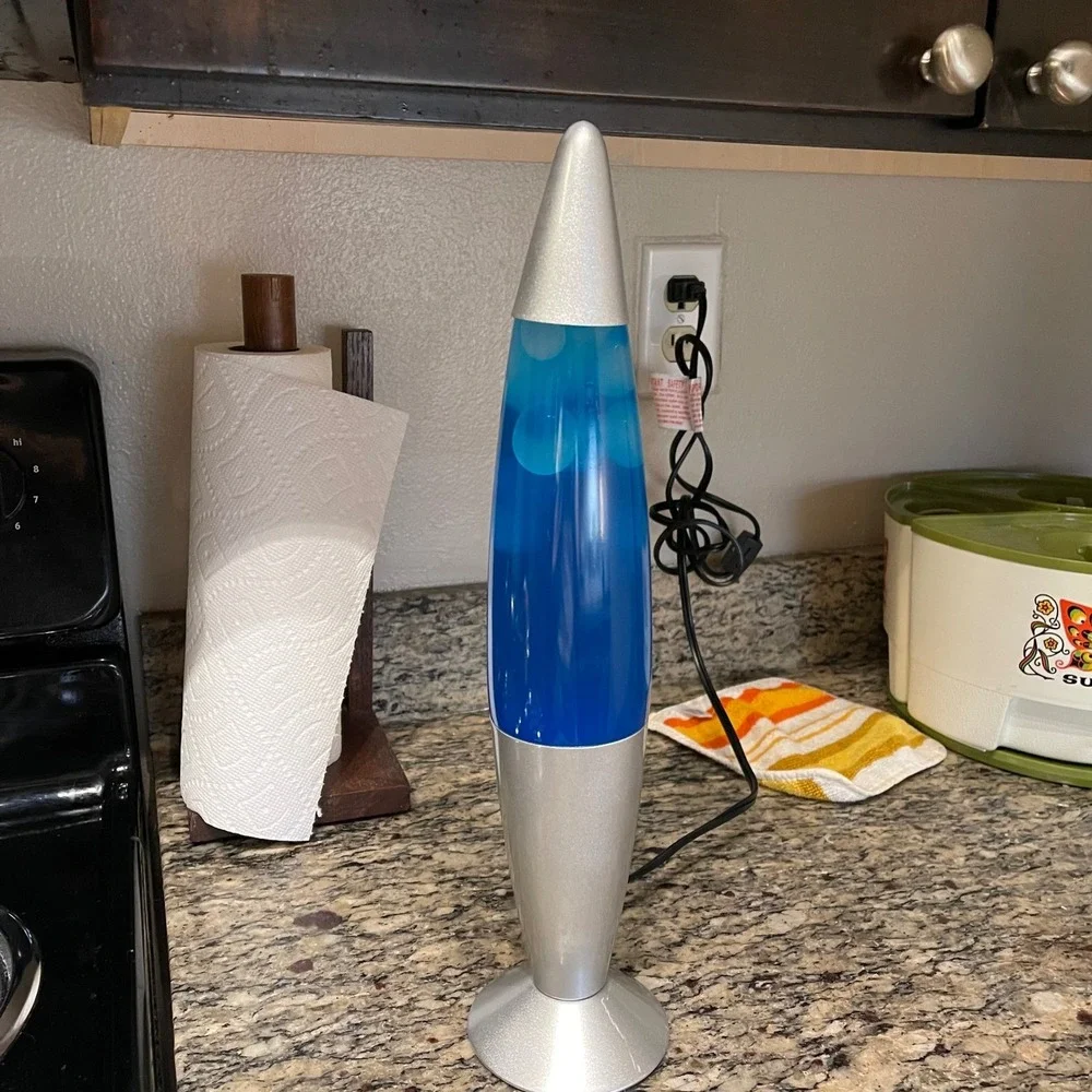 Retro Y2k 17 Inch Lava Lamp Blue Liquid White Wax Silver Base‎ Rocket
